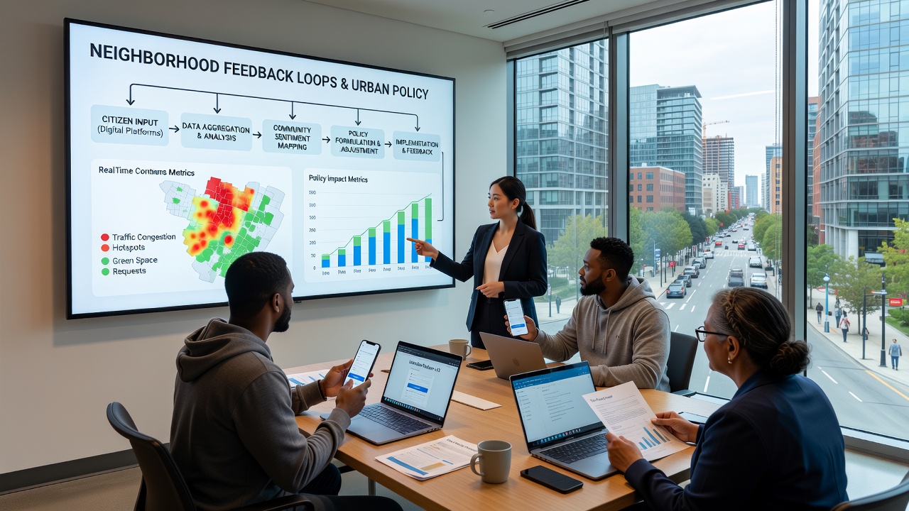 Community members reviewing aggregated feedback data on a city dashboard during a public meeting