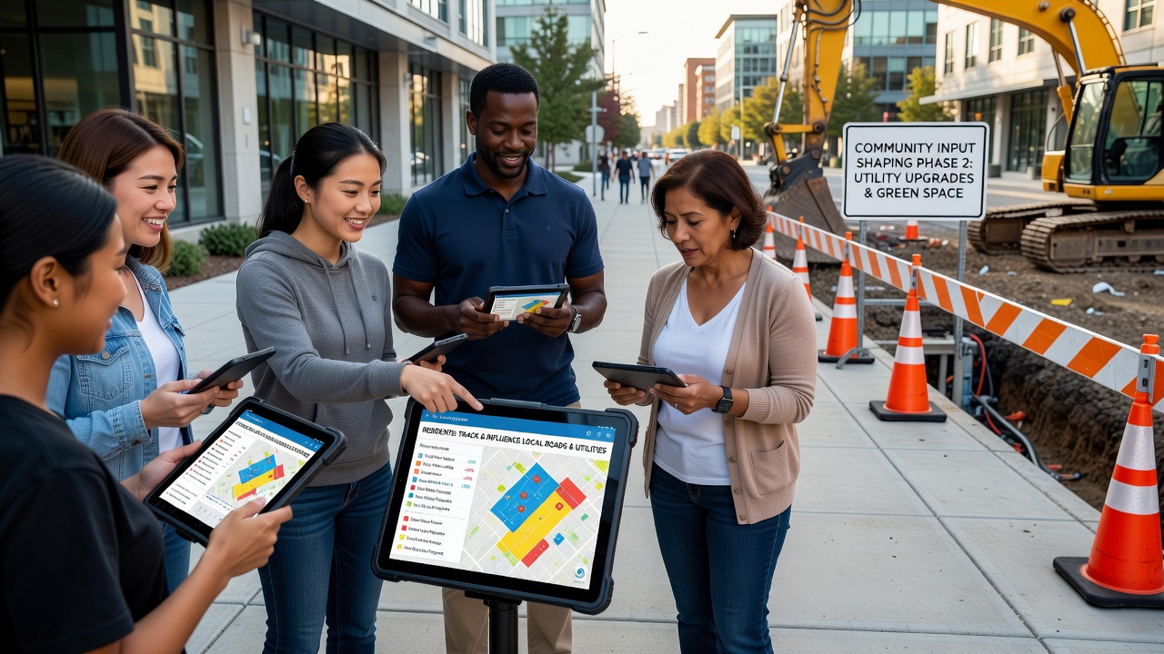 Interactive mobile interface displaying infrastructure project layers, resident comments, and live status updates for local road and utility work